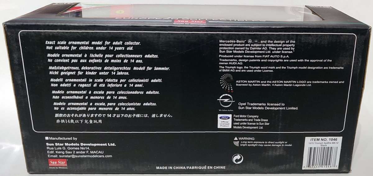 **NEW/RARE** 1/18 Sunstar Triumph Spitfire MK IV Black (1046)