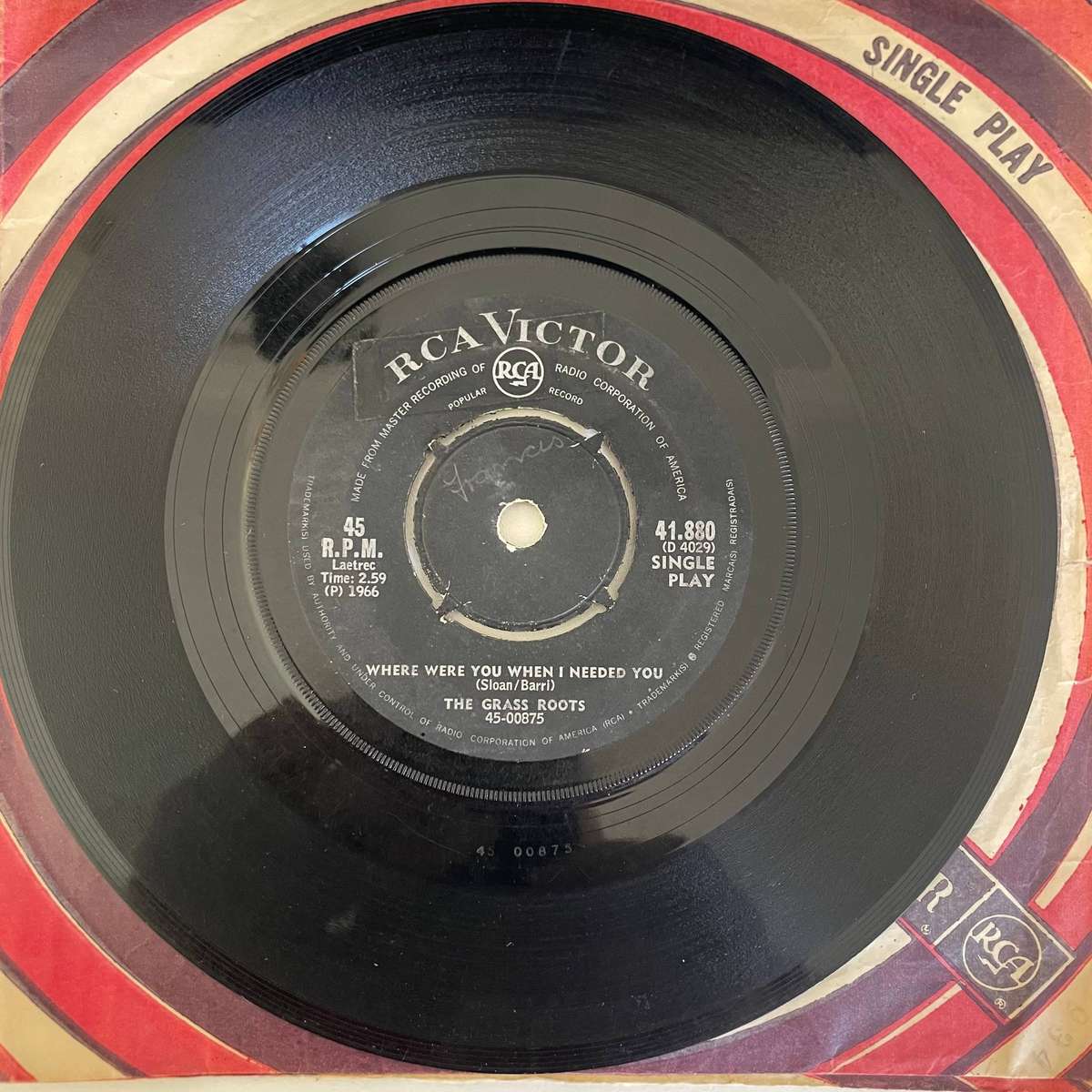 THE GRASS ROOTS-7 Inch Single-WHERE WERE YOU WHEN I NEEDED YOU/BAD TIMES
