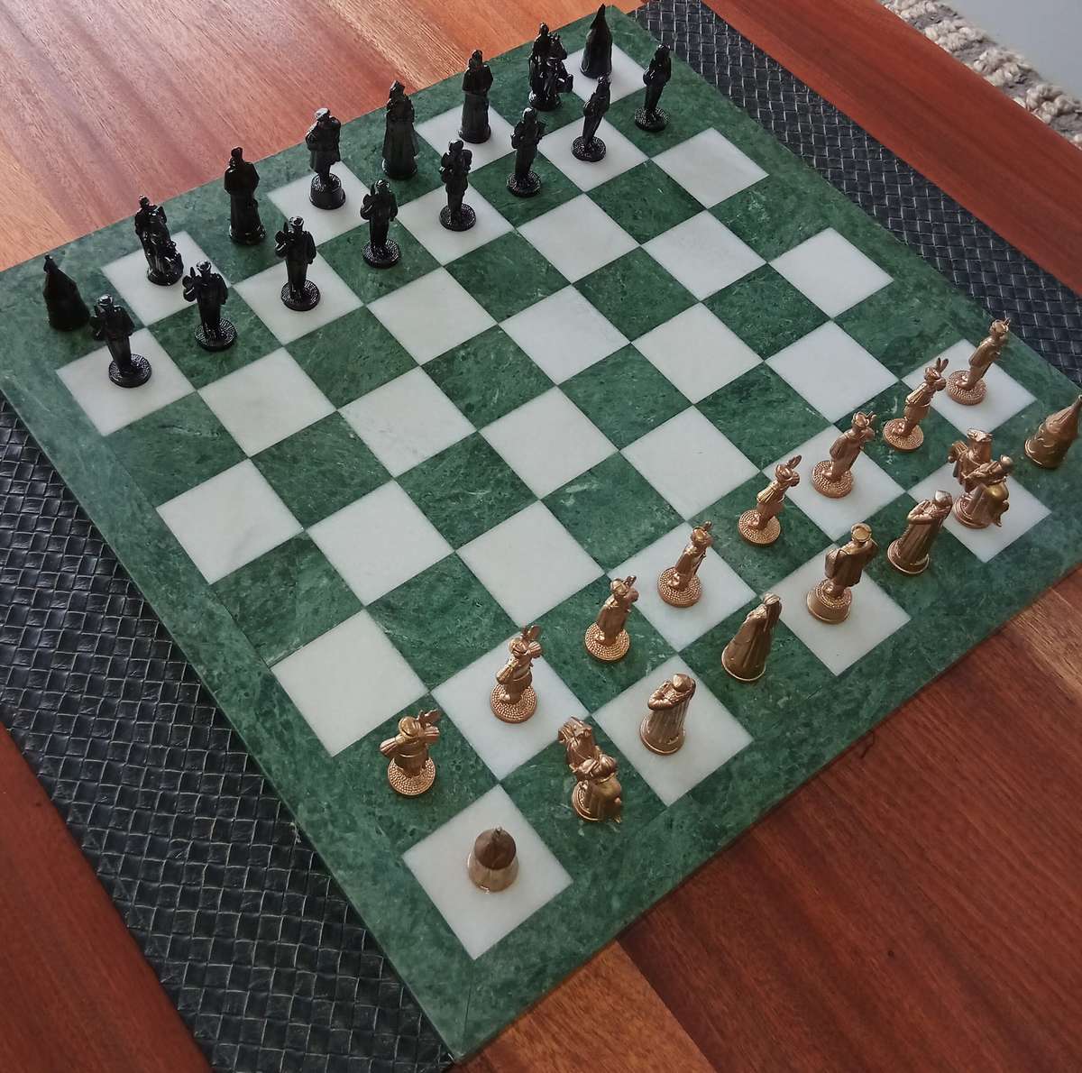 Italian marble chess board with metal medieval pieces. Beautiful.