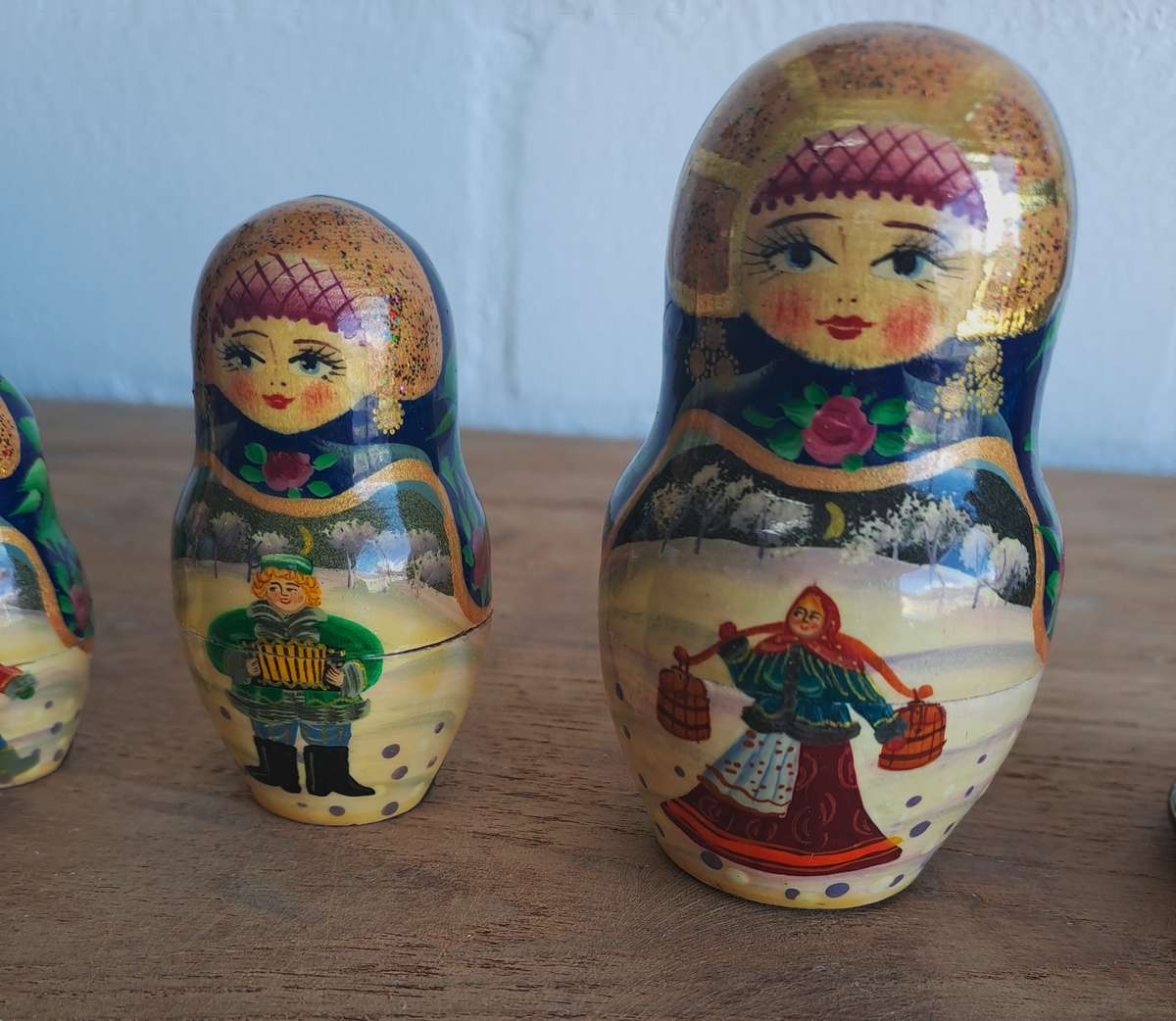 Matryoshka Russian Village Winter Signed Hand-Painted Nesting Doll 5-Piece