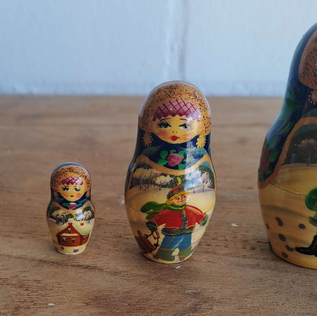 Matryoshka Russian Village Winter Signed Hand-Painted Nesting Doll 5-Piece