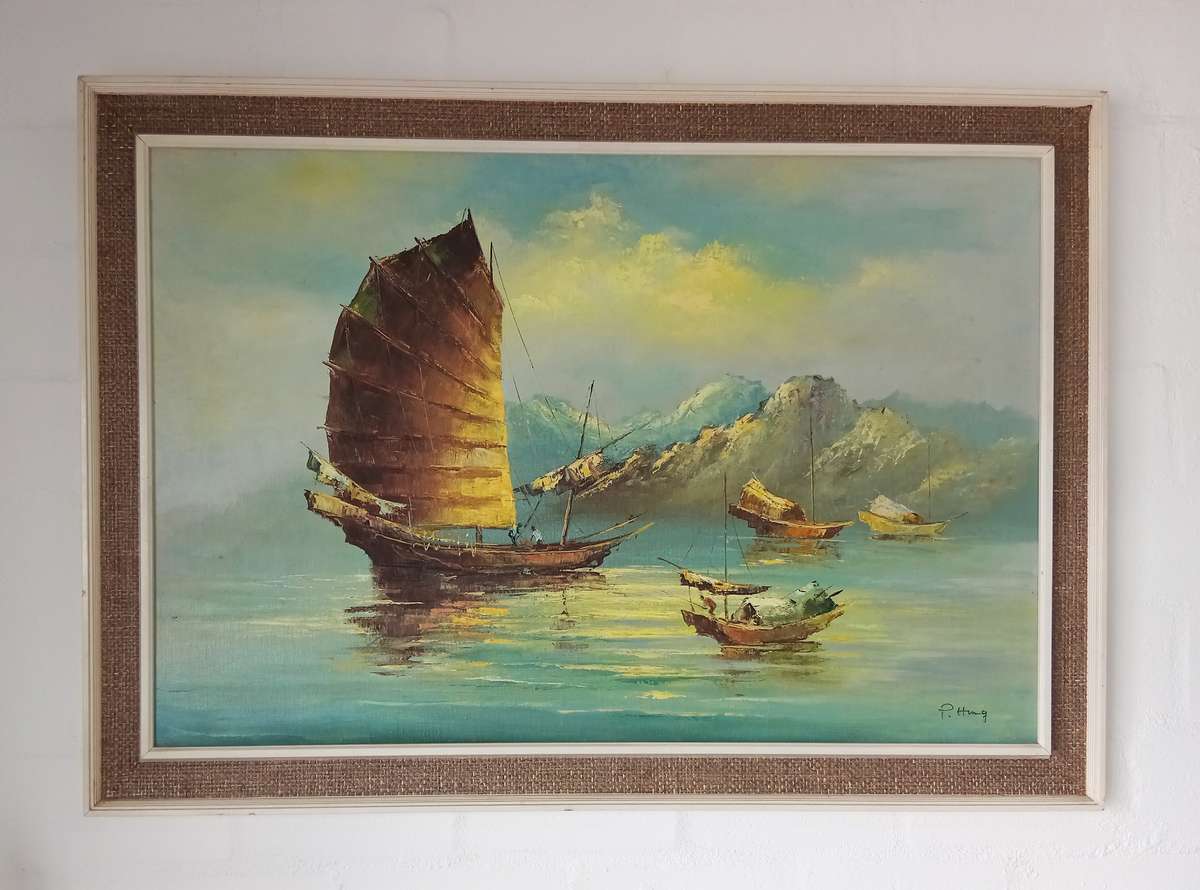 Signed original oil on board of Chinese junk ship beautifully framed