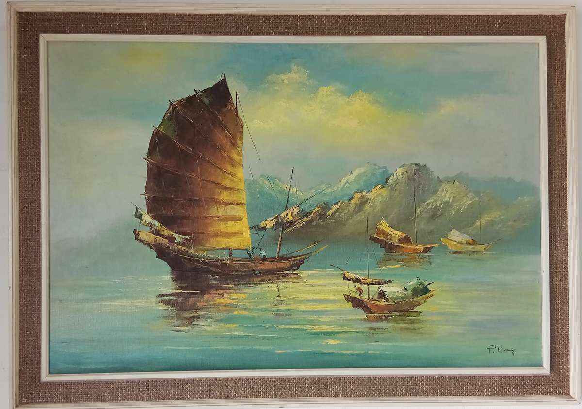 Signed original oil on board of Chinese junk ship beautifully framed