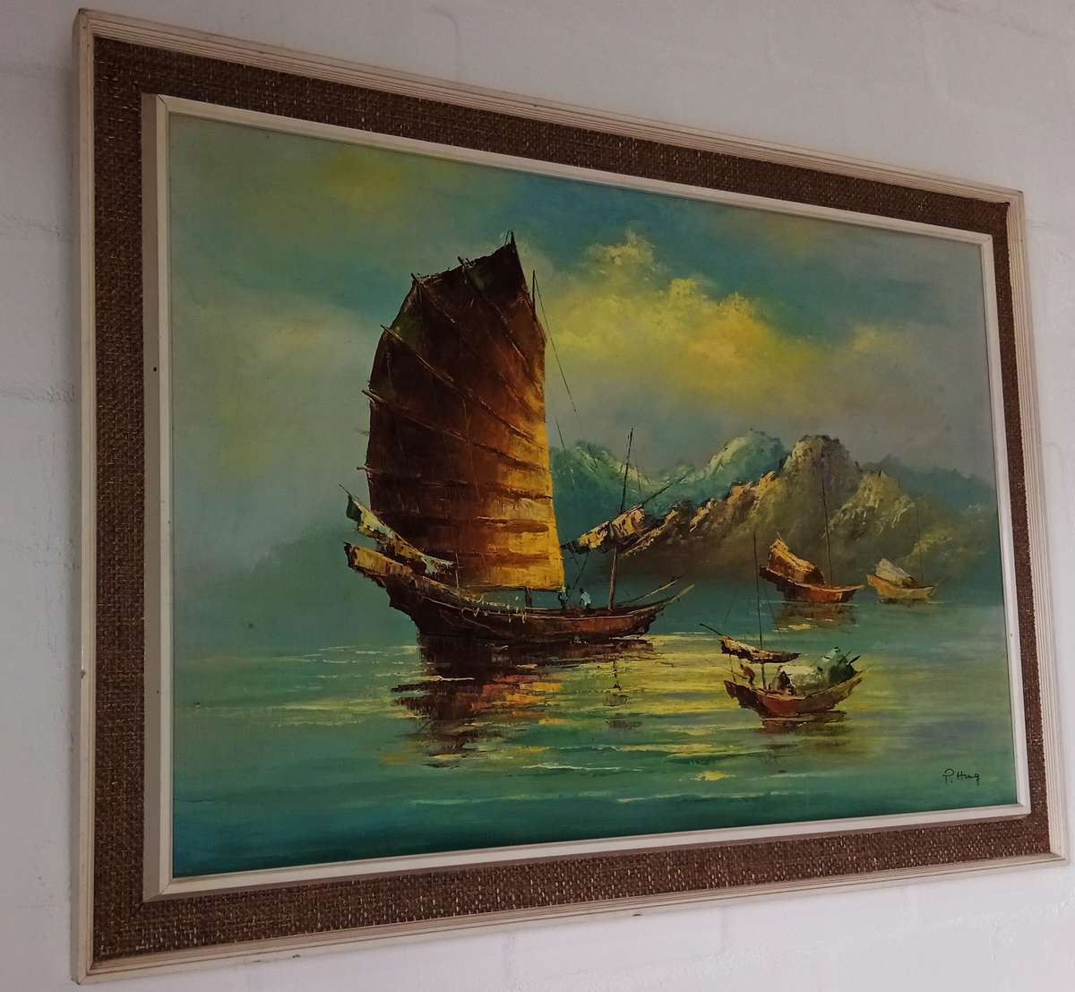 Signed original oil on board of Chinese junk ship beautifully framed