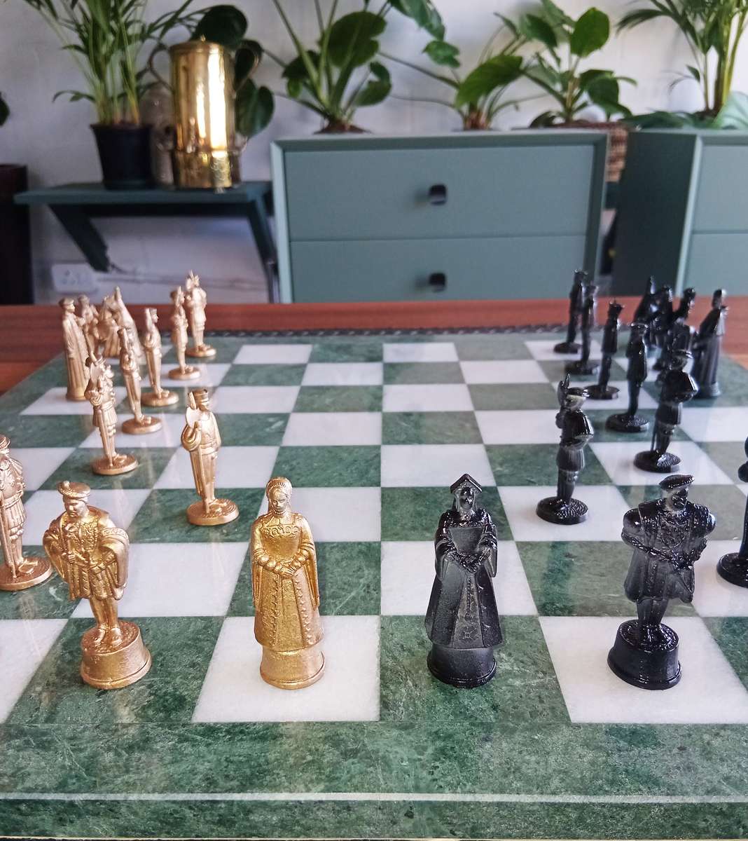 Italian marble chess board with metal medieval pieces. Beautiful.