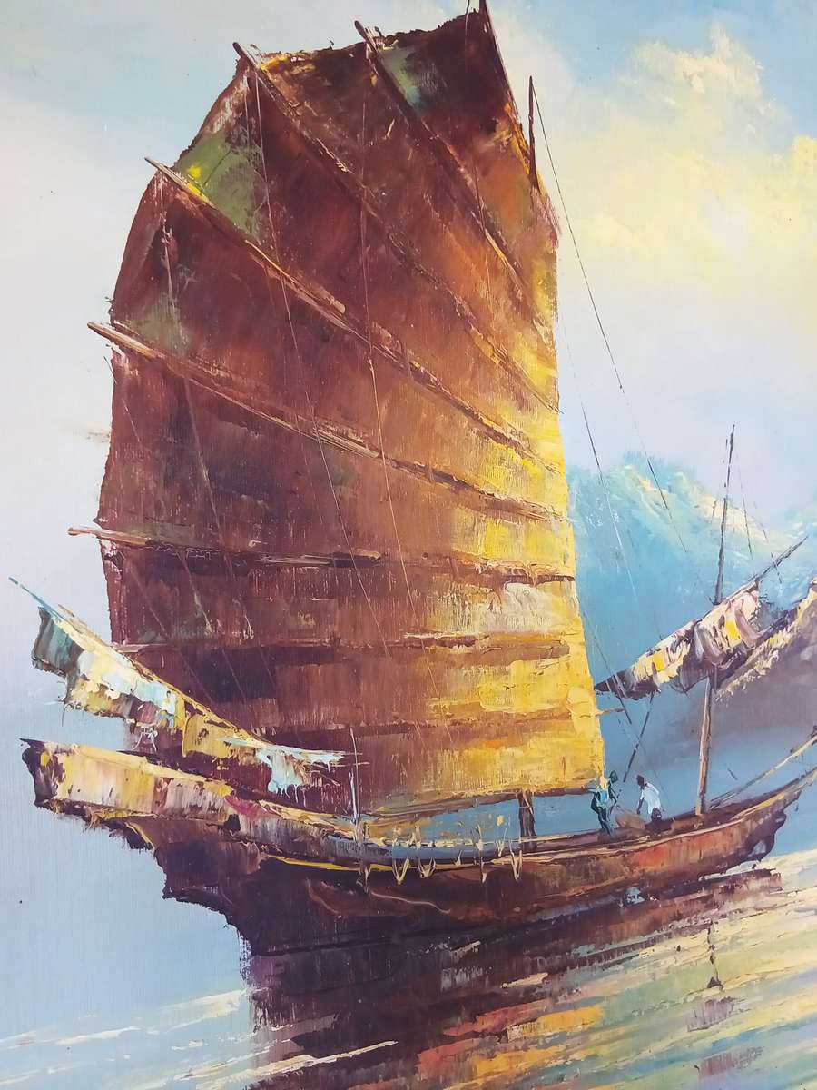 Signed original oil on board of Chinese junk ship beautifully framed