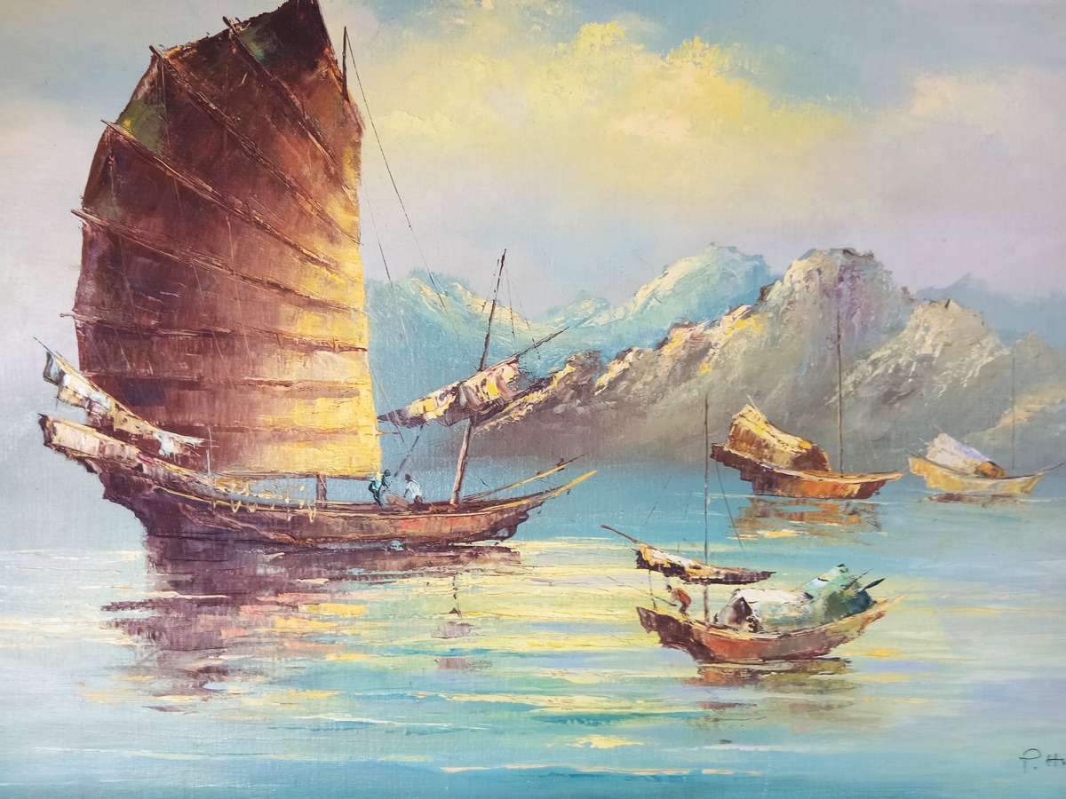 Signed original oil on board of Chinese junk ship beautifully framed