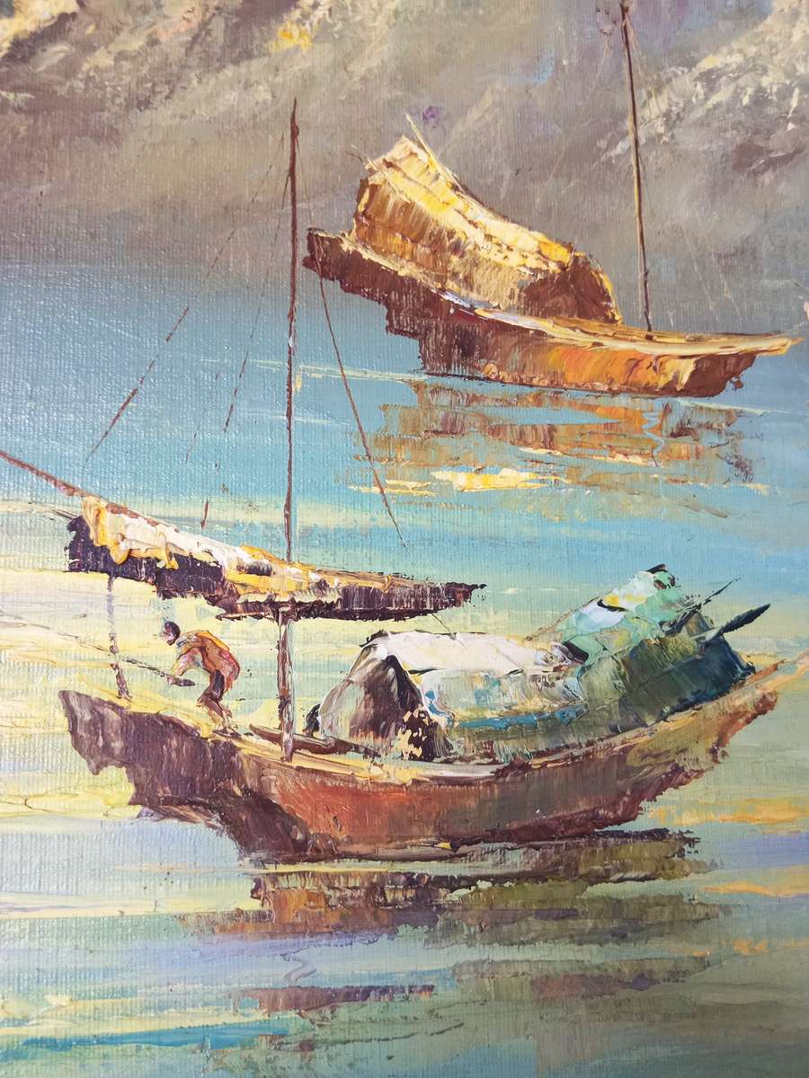 Signed original oil on board of Chinese junk ship beautifully framed