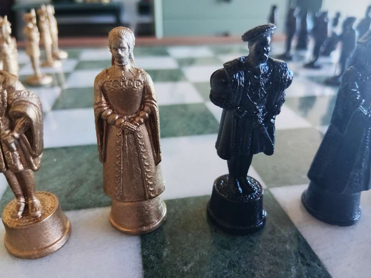 Italian marble chess board with metal medieval pieces. Beautiful.