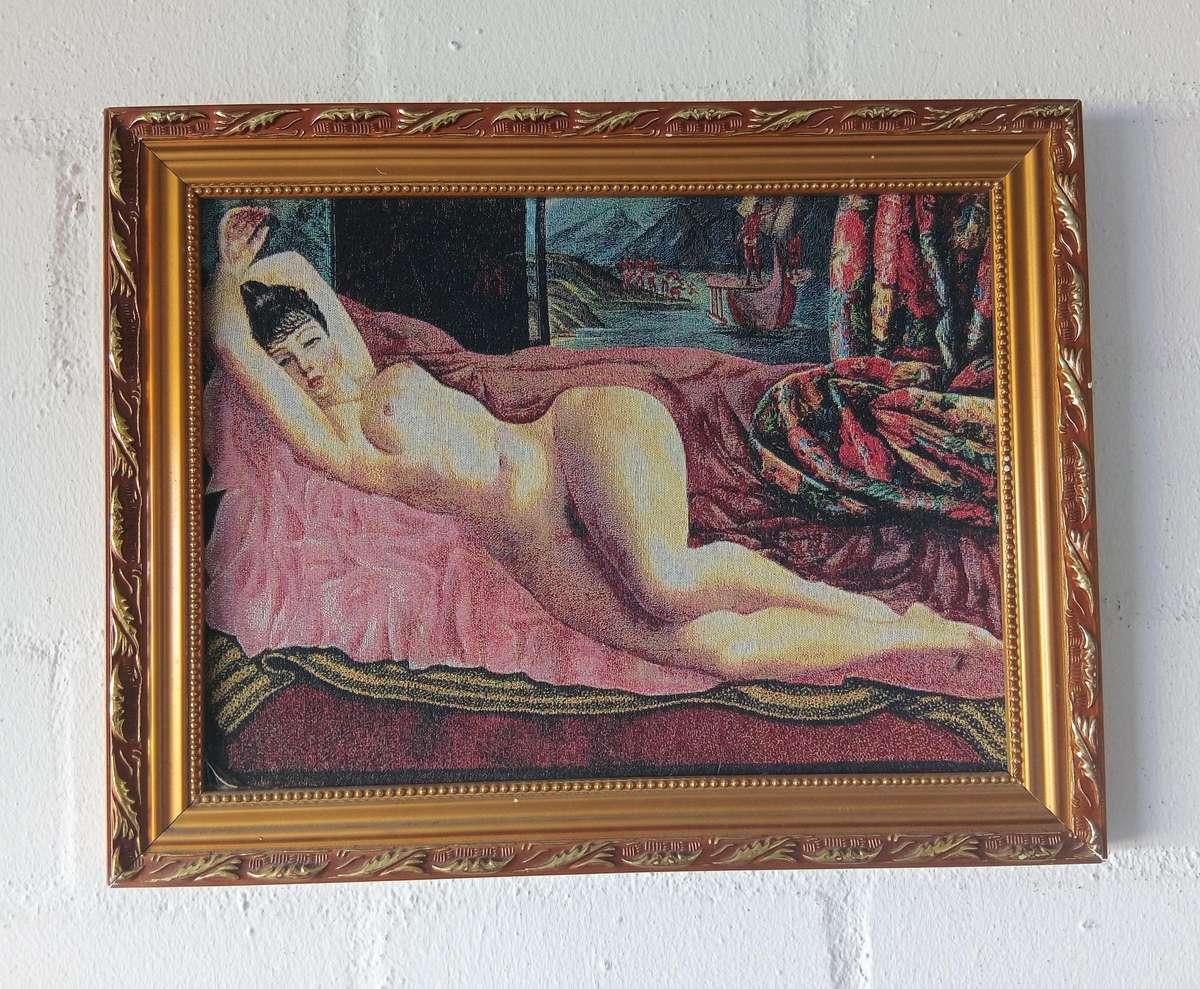 STUNNING VINTAGE TAPESTRY EMBROIDERY OF A NUDE WOMAN LAYING ON A COUCH