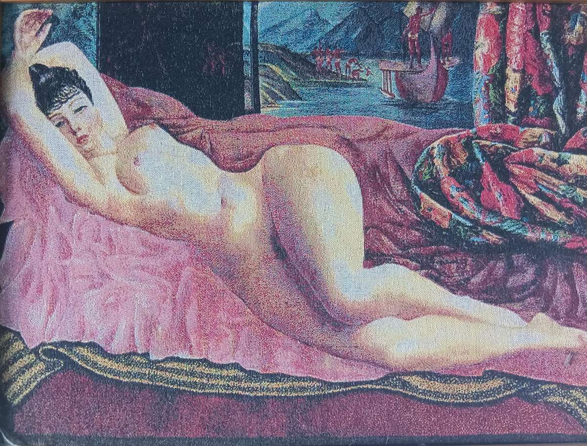 STUNNING VINTAGE TAPESTRY EMBROIDERY OF A NUDE WOMAN LAYING ON A COUCH