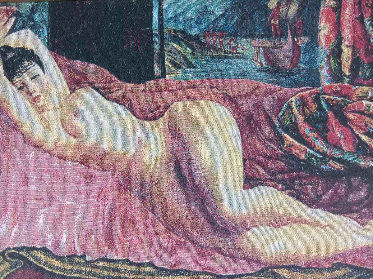 STUNNING VINTAGE TAPESTRY EMBROIDERY OF A NUDE WOMAN LAYING ON A COUCH