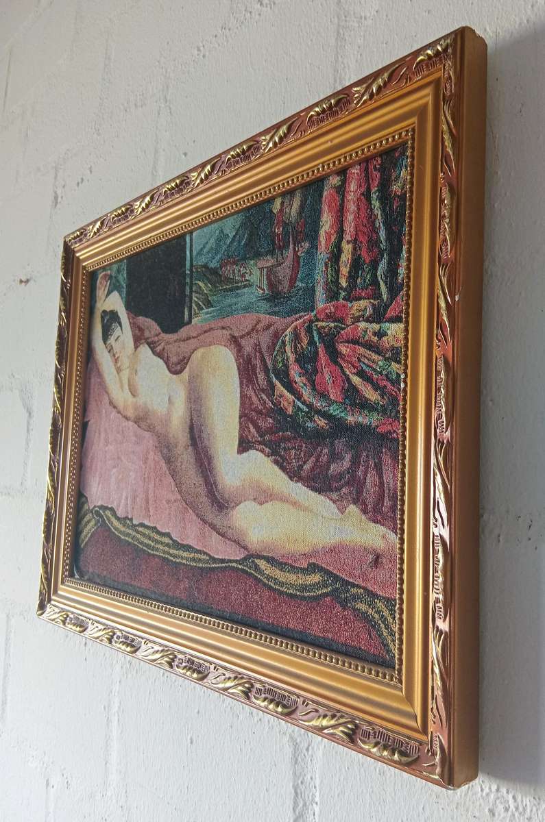 STUNNING VINTAGE TAPESTRY EMBROIDERY OF A NUDE WOMAN LAYING ON A COUCH