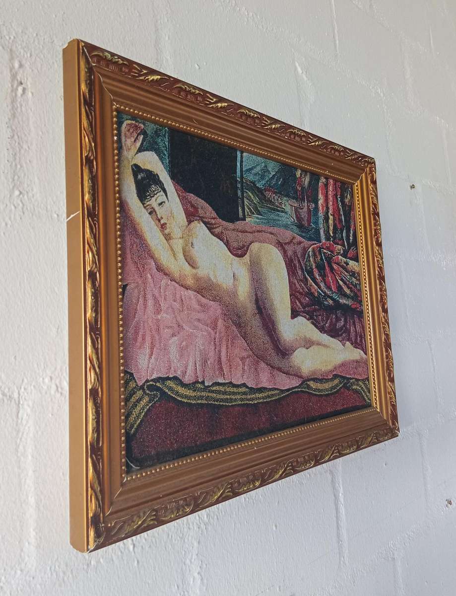 STUNNING VINTAGE TAPESTRY EMBROIDERY OF A NUDE WOMAN LAYING ON A COUCH