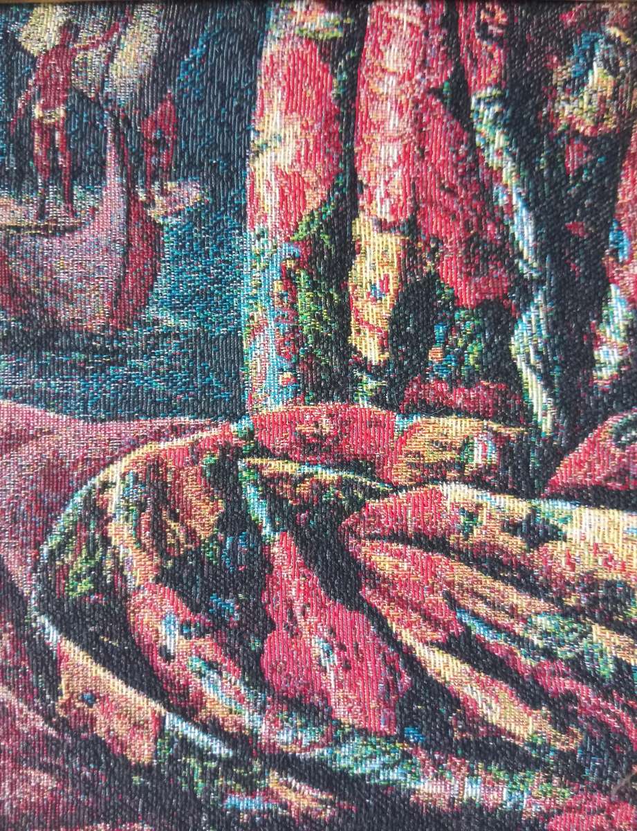 STUNNING VINTAGE TAPESTRY EMBROIDERY OF A NUDE WOMAN LAYING ON A COUCH