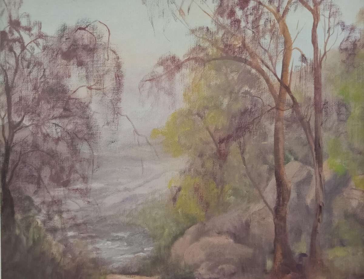 CHARLOTTE OESTERLEIN  SIGNED OIL ON BOARD LANDSCAPE