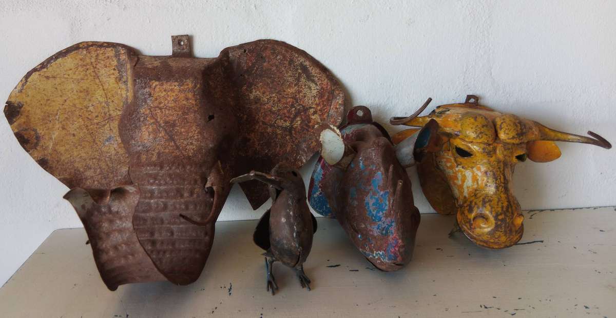 Rustic Handcrafted Wall Mounted Metal Animal Sculptures - Lot of 5