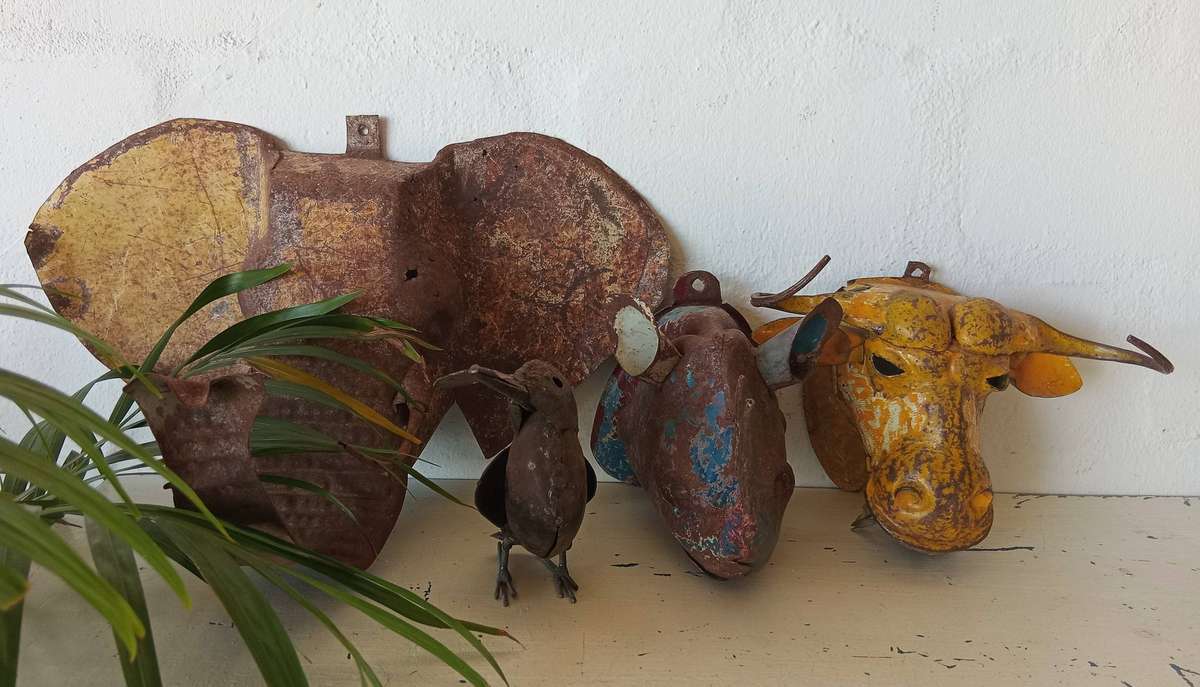Rustic Handcrafted Wall Mounted Metal Animal Sculptures - Lot of 5