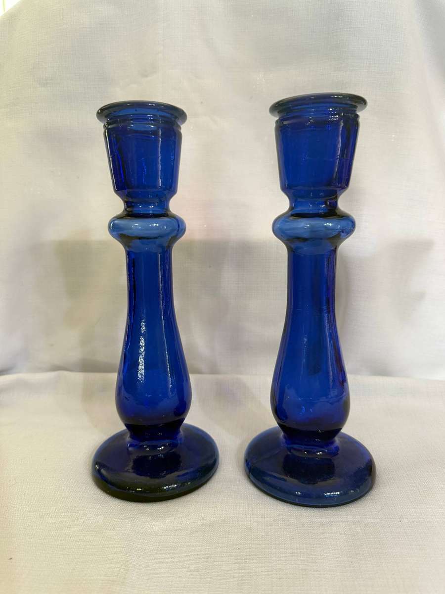 TWO BLUEGLASS CANDLE STICK S
