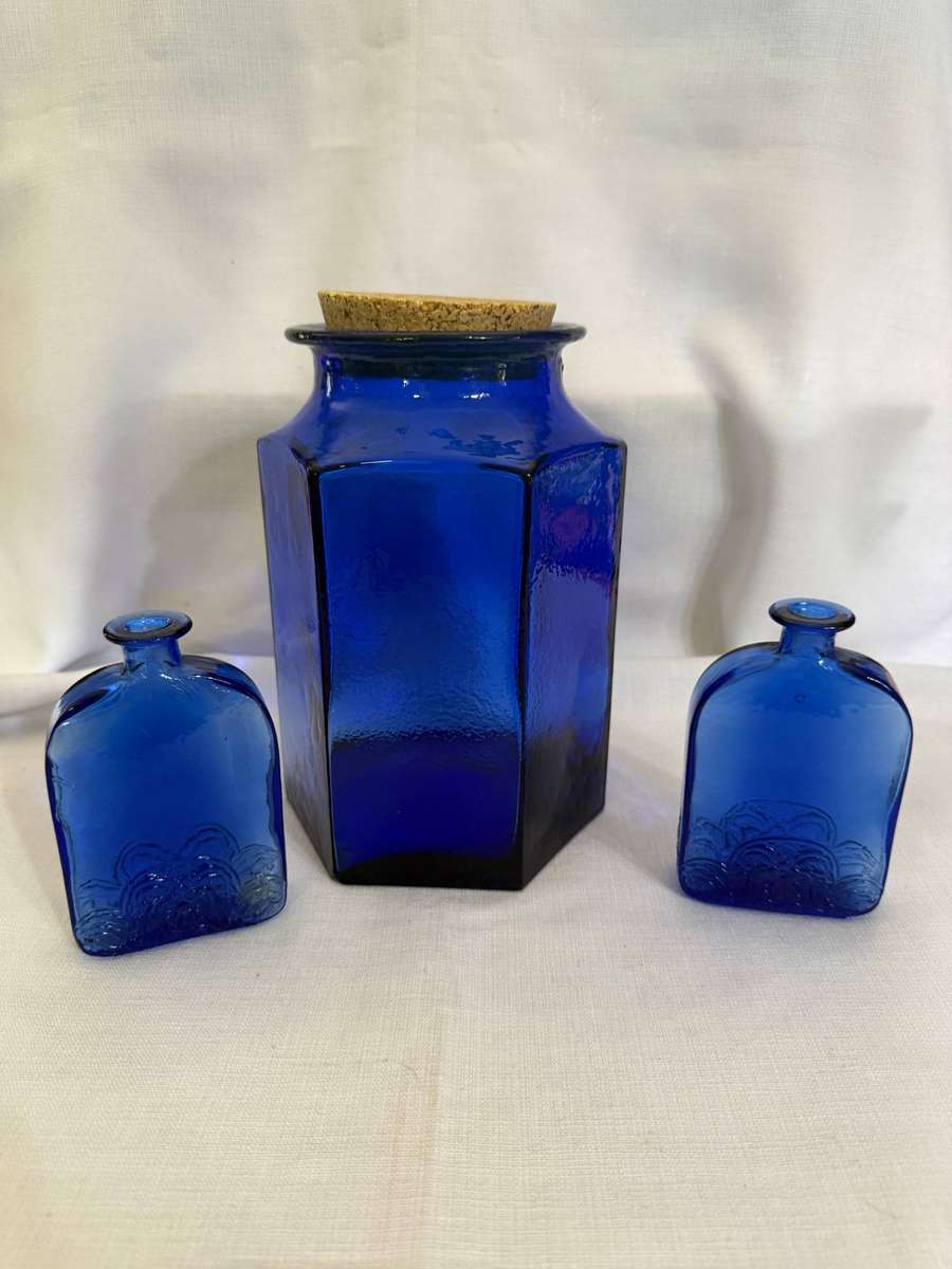 Three Blue Glass Pots