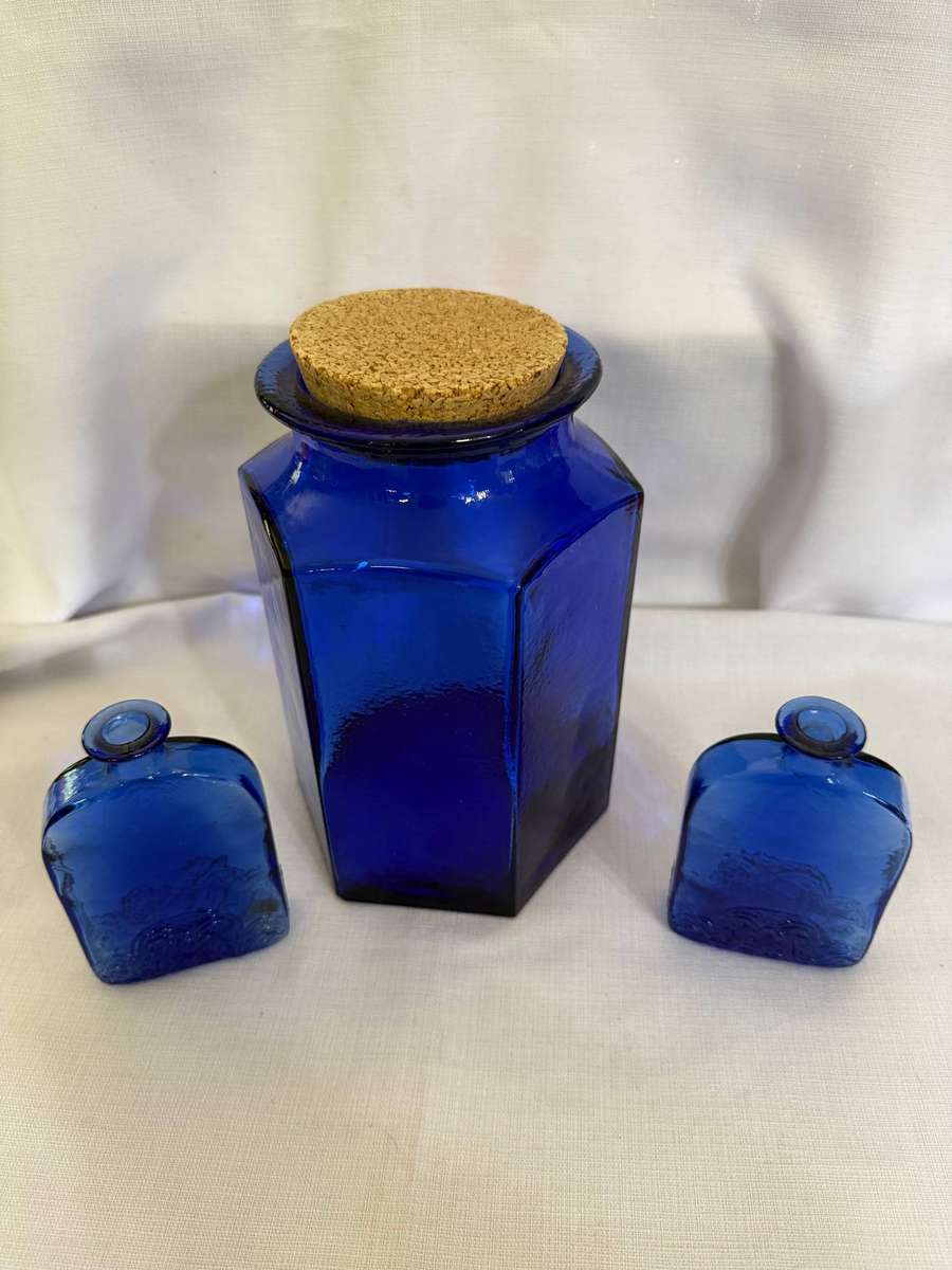 Three Blue Glass Pots