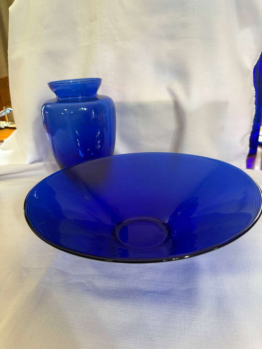 Blue Glass Vase and Fruit Bowl