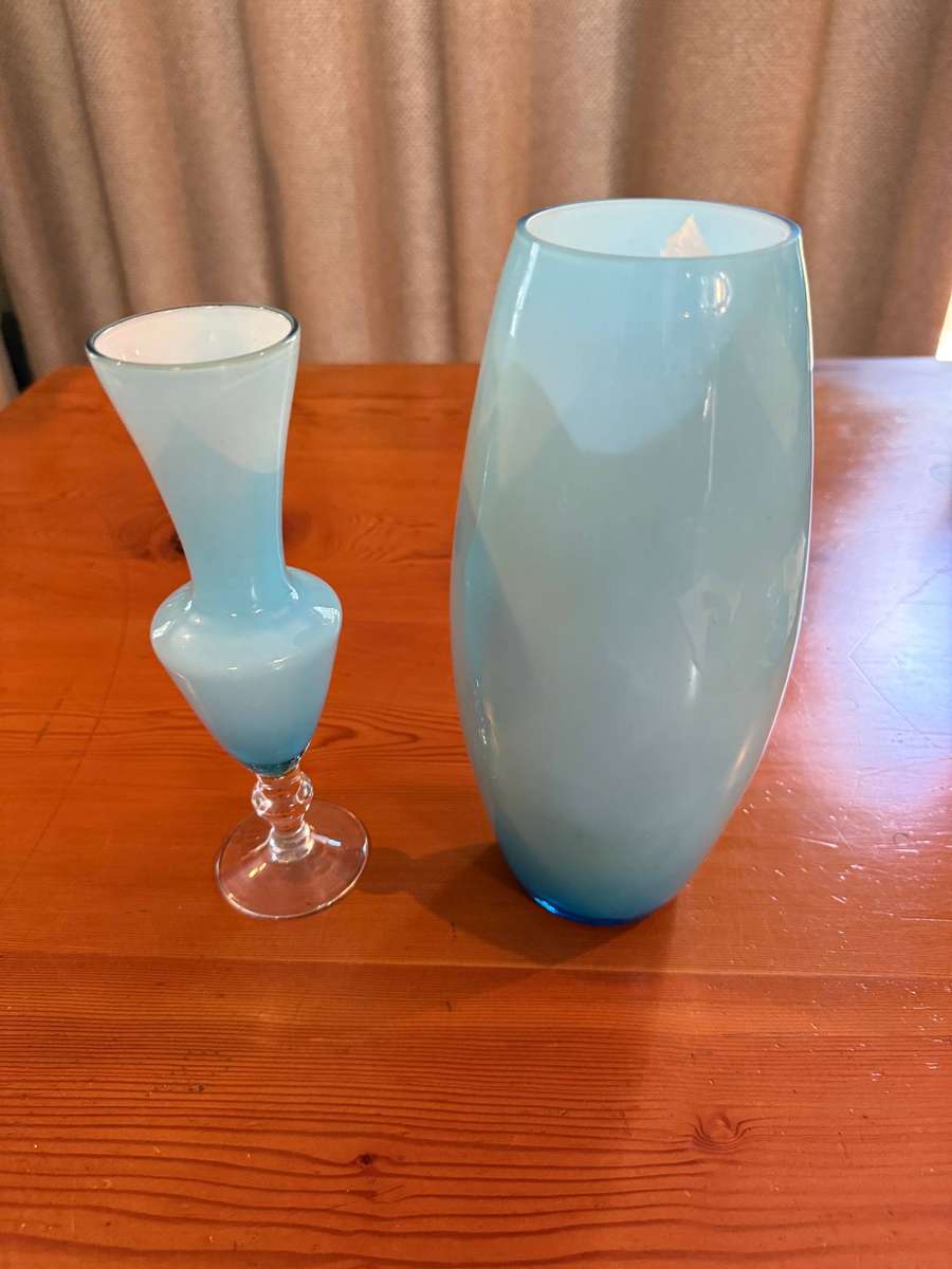 TWO BLUE GLASS POTS