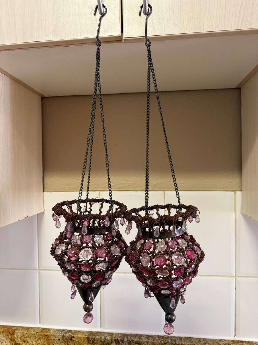 TWO HANGING BEADED TEALIGHT HOLDERS