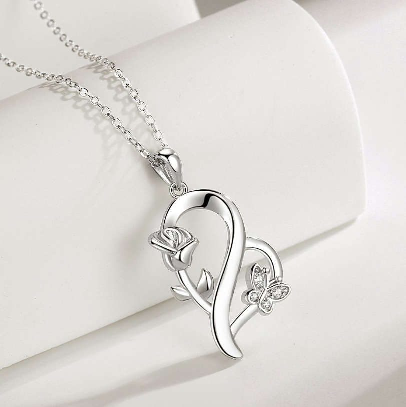 925 Sterling Silver Rose&Butterfly&Heart Necklaces - Silver