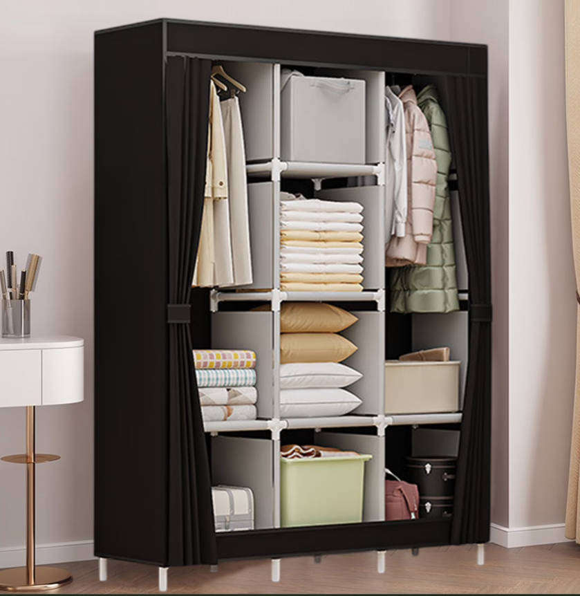 Portable Wardrobe with Dustproof Cover Canvas Closet Clothes Organizer - black