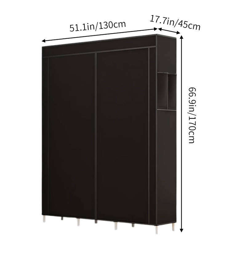 Portable Wardrobe with Dustproof Cover Canvas Closet Clothes Organizer - black