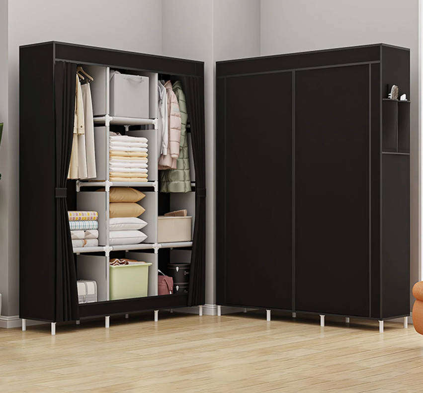 Portable Wardrobe with Dustproof Cover Canvas Closet Clothes Organizer - black