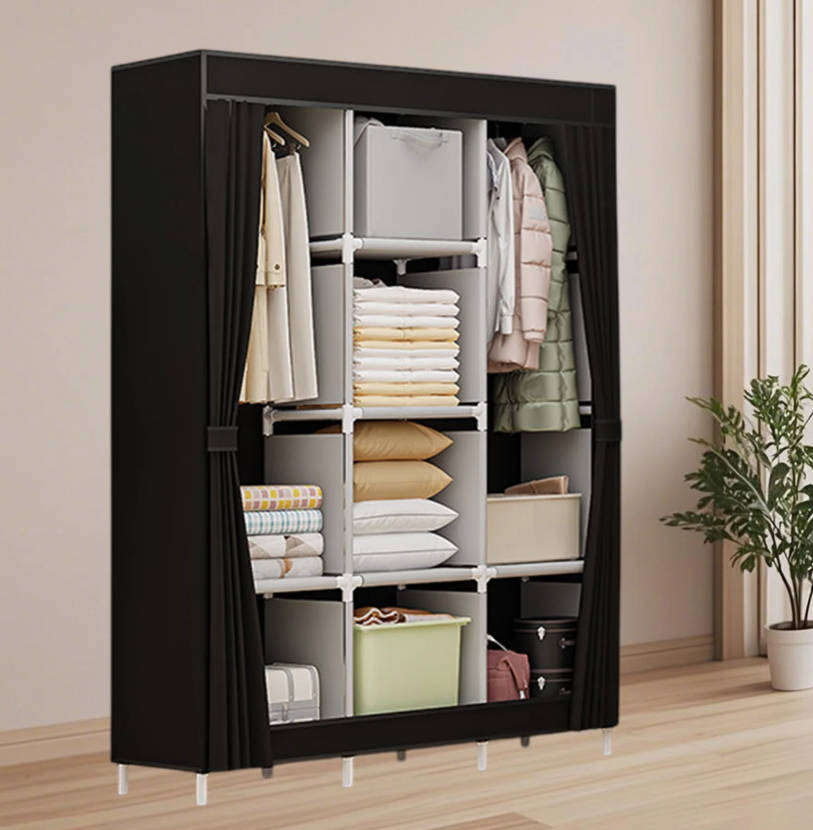 Portable Wardrobe with Dustproof Cover Canvas Closet Clothes Organizer - black