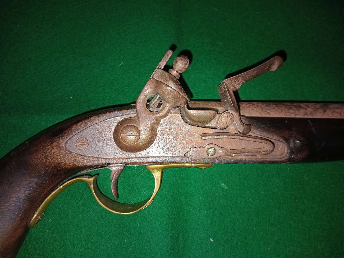 Antique flint lock pistol, original, made from solid heavy wood