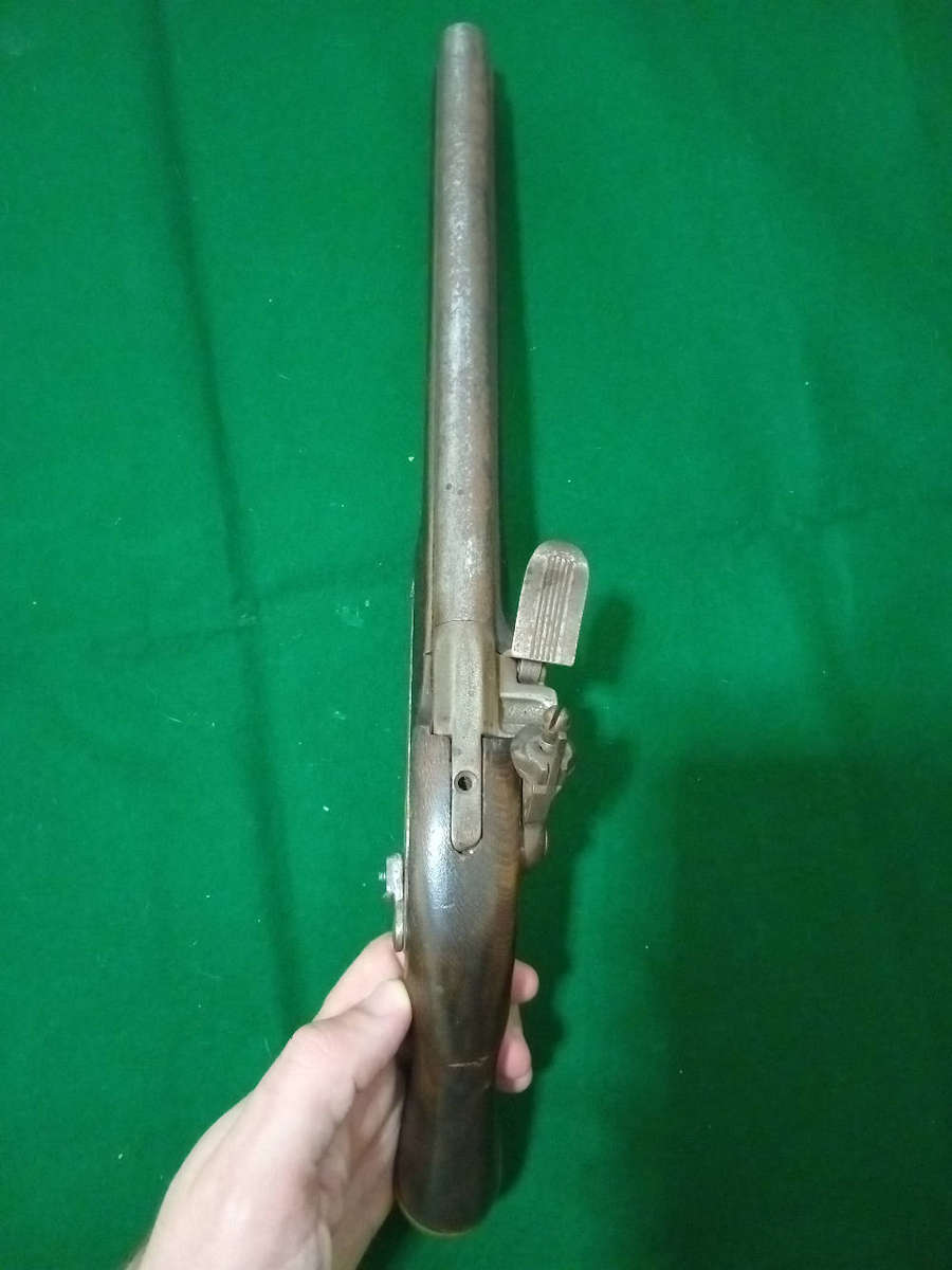 Antique flint lock pistol, original, made from solid heavy wood
