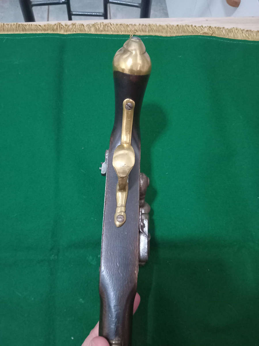 Antique flint lock pistol, original, made from solid heavy wood