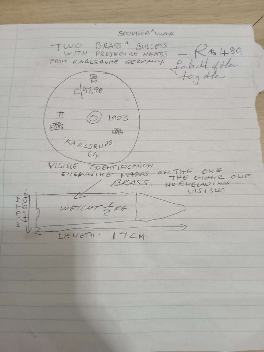 Two used German brass souvenir war bullets with projectile heads