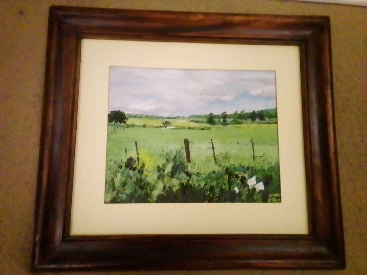 Farm oil painting by artist Laura Enzlin in smart wooden frame