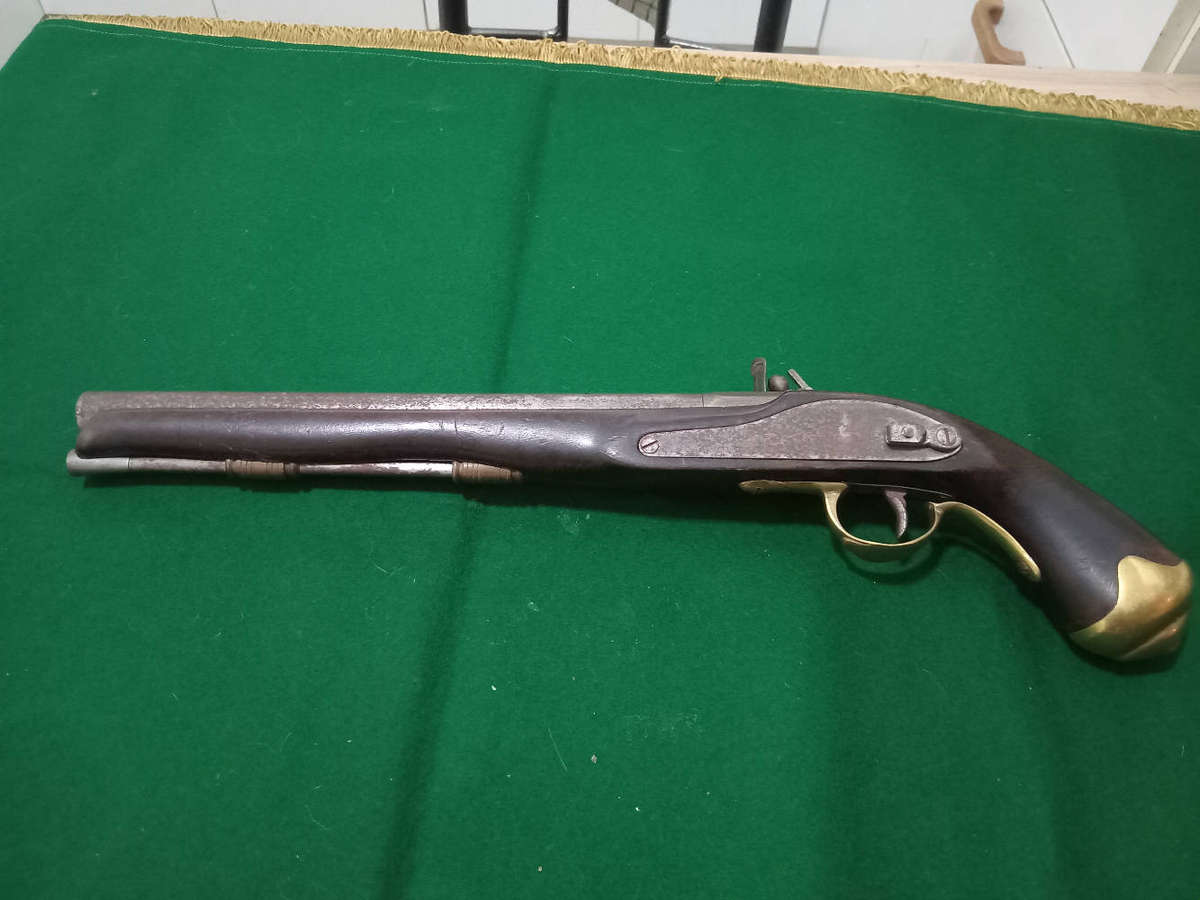 Antique flint lock pistol, original, made from solid heavy wood