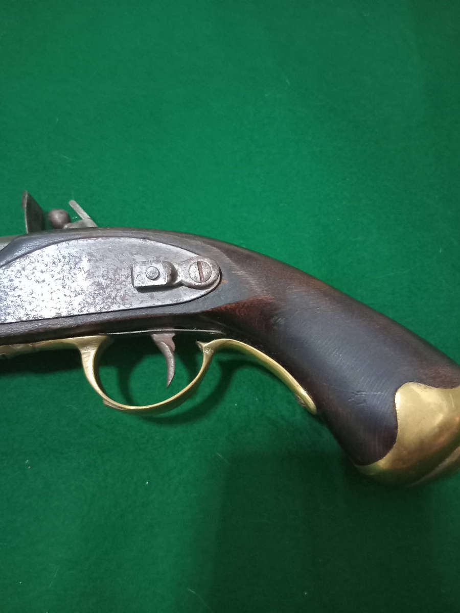 Antique flint lock pistol, original, made from solid heavy wood