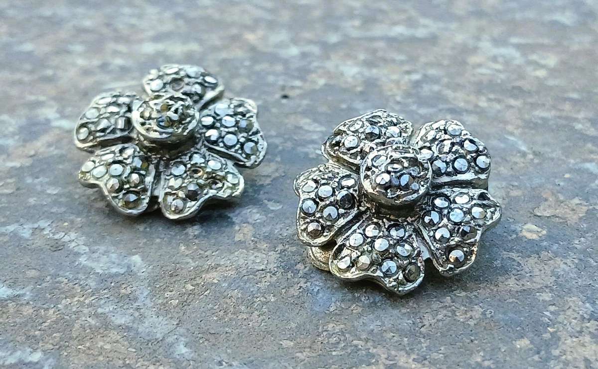 Vintage Silver-Tone Floral Marcasite Clip-On Earrings