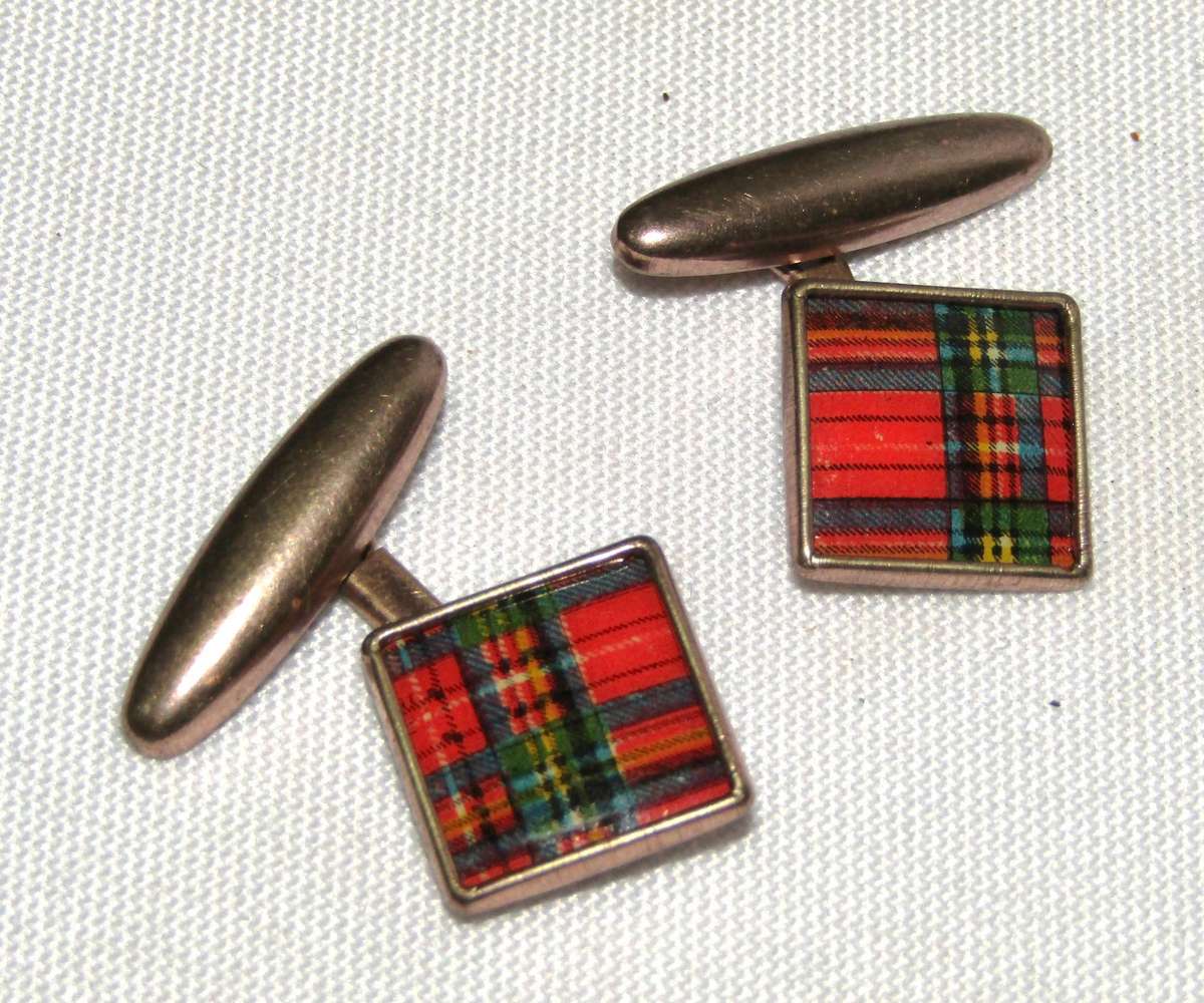 Vintage Copper/Rose Gold Celluloid Scottish Tartan Cufflinks c1930