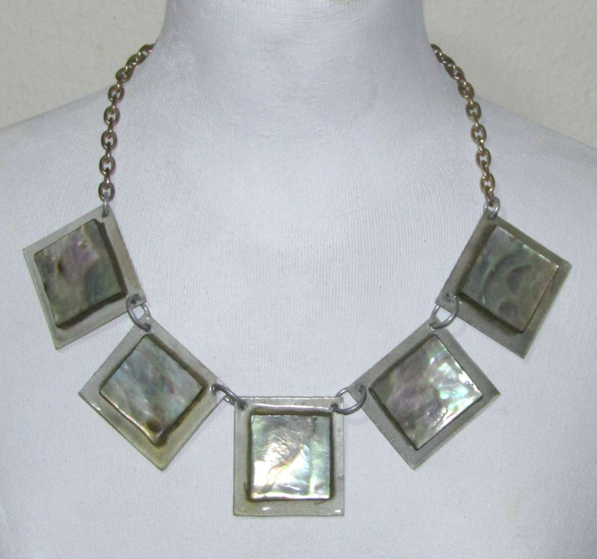 Vintage Hand-Crafted Silver-Tone Mother of Pearl Necklace and Bracelet Set