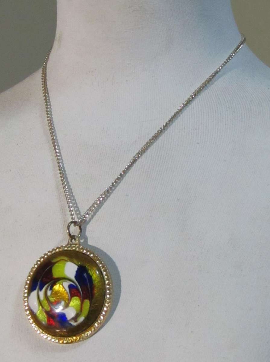 Vintage Studio Art Glass Swirl Pendant with Gold-Tone Chain