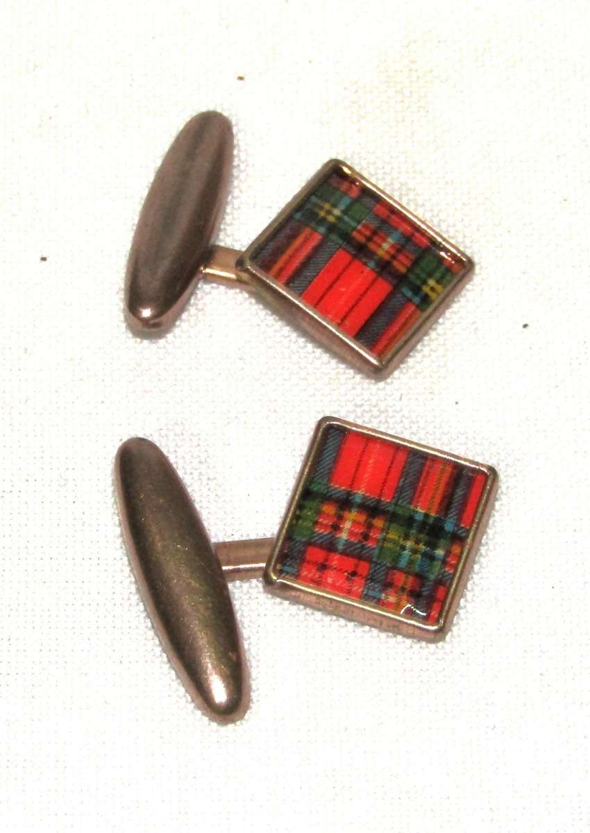 Vintage Copper/Rose Gold Celluloid Scottish Tartan Cufflinks c1930