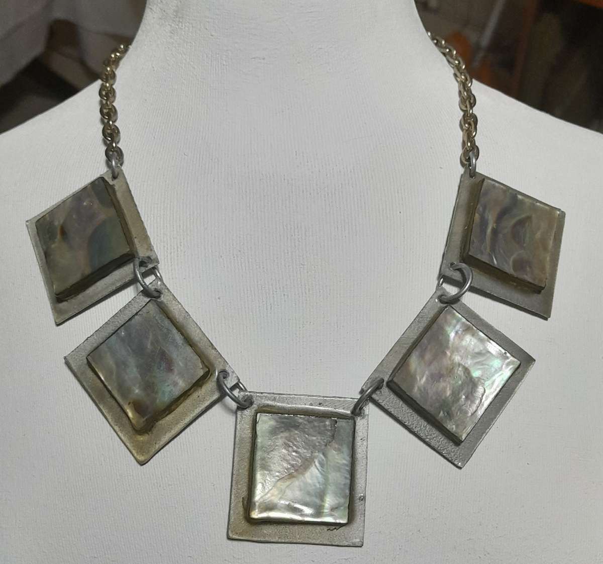 Vintage Hand-Crafted Silver-Tone Mother of Pearl Necklace and Bracelet Set