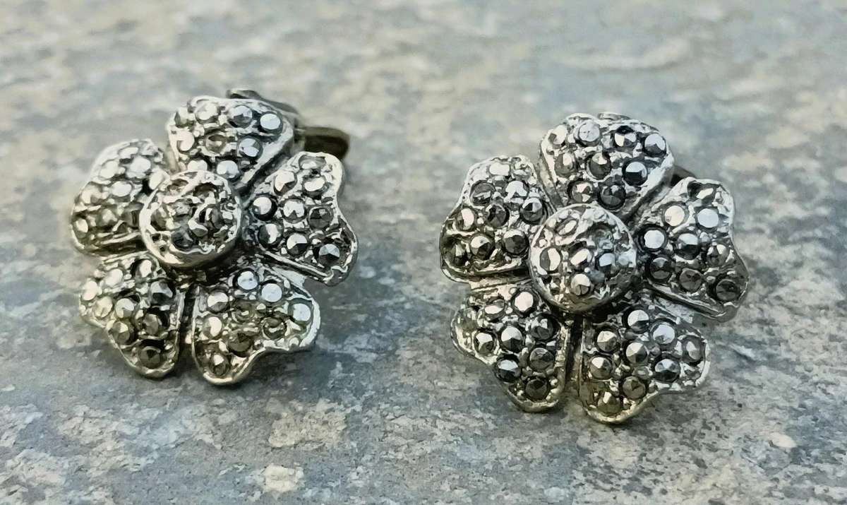 Vintage Silver-Tone Floral Marcasite Clip-On Earrings