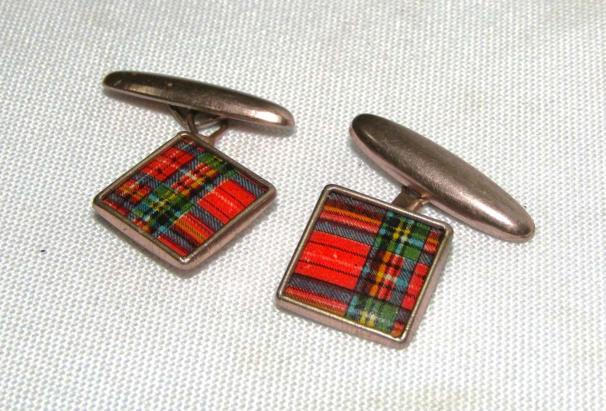 Vintage Copper/Rose Gold Celluloid Scottish Tartan Cufflinks c1930