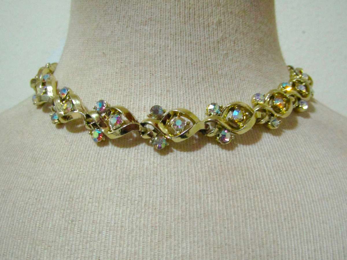 Vintage 1950s Gold Tone Aurora Borealis Link Necklace & Matching Bracelet Set