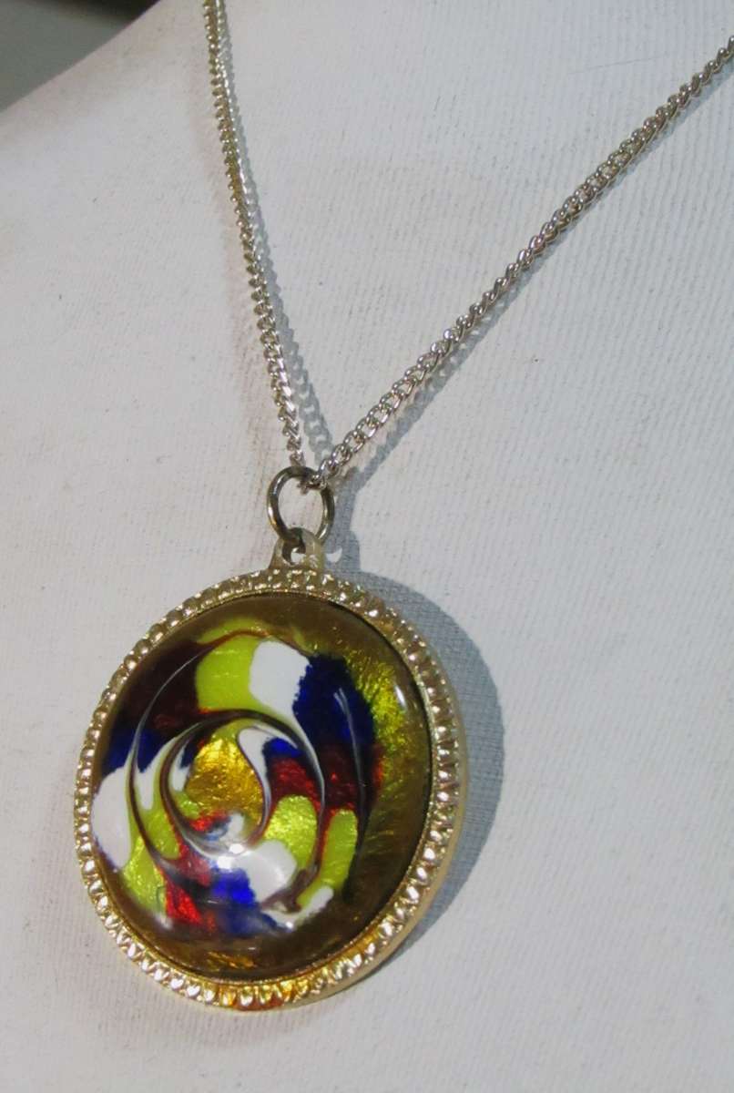 Vintage Studio Art Glass Swirl Pendant with Gold-Tone Chain